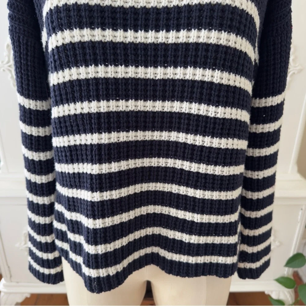 Faithfull The Brand Erika Navy and White Striped Cotton Turtleneck Sweater